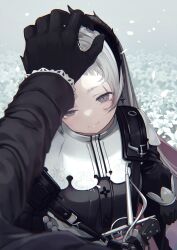 Rule 34 | 1girl, :3, ammunition belt, arknights, black gloves, capelet, eorx, field, flower, flower field, from above, gloves, grey eyes, grey hair, hand on another&#039;s head, head wings, headpat, highres, irene (arknights), long sleeves, looking at viewer, pov, puffy long sleeves, puffy sleeves, rapier, scar, scar across eye, sword, weapon, white capelet, white flower, wings