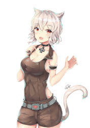 Rule 34 | 1girl, animal ears, blush, breasts, cat ears, cat tail, character request, choker, cleavage, collarbone, highres, large breasts, looking at viewer, open mouth, red eyes, signature, smile, solo, tail, warship girls r, white hair, zhudacaimiao