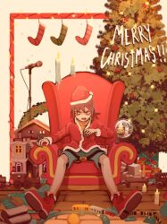 Rule 34 | 1girl, androgynous, blue shorts, blupixl, boots, brown hair, candle, chair, christmas lights, christmas ornaments, christmas present, christmas stocking, christmas tree, christmas wreath, cup, frown, gift, hat, highres, merry christmas, microphone, microphone stand, open mouth, original, red footwear, santa hat, shorts, sitting, solo, tongue, tongue out, toy train, v-shaped eyebrows, wreath