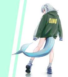 Rule 34 | 1girl, :d, absurdres, artist request, besi (besidoesart), black footwear, blue eyes, clothes writing, english text, from behind, full body, gawr gura, green background, green hoodie, grey hair, hair ornament, highres, hololive, hololive english, hood, hood down, hoodie, long sleeves, looking at viewer, looking back, open mouth, puffy long sleeves, puffy sleeves, reflection, shark girl, shark hair ornament, sharp teeth, shoe soles, shoes, sleeves past fingers, sleeves past wrists, smile, socks, solo, standing, teeth, two-tone background, two side up, virtual youtuber, white background, white socks