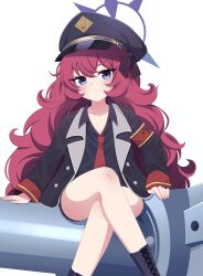 Rule 34 | 1girl, absurdres, armband, black footwear, black hat, black jacket, black shirt, blue archive, boots, buttons, cipher (user watm8555), closed mouth, collared shirt, cross-laced footwear, crossed legs, feet out of frame, halo, hat, highres, iroha (blue archive), jacket, lace-up boots, lapels, long hair, long sleeves, looking at viewer, necktie, notched lapels, open clothes, open jacket, peaked cap, purple eyes, red armband, red hair, red necktie, shirt, sitting, solo, white background