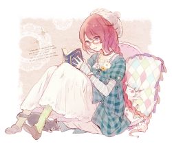 Rule 34 | 1girl, :d, book, braid, braided ponytail, cat, checkered clothes, checkered shirt, english text, holding, holding book, inko (mini), jewelry, long hair, low ponytail, necklace, open book, open mouth, original, pillow, reading, red eyes, red hair, shirt, single braid, sitting, smile, solo