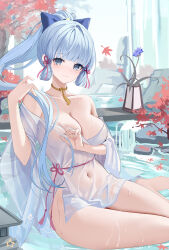 Rule 34 | 1girl, absurdres, alternate costume, ayaka (genshin impact), bare shoulders, barefoot, blue eyes, blue hair, blunt bangs, blush, breasts, choker, cleavage, closed mouth, collarbone, congqian you ke xing, covered navel, flower, genshin impact, hair ornament, hand up, highres, large breasts, leaf, long hair, long sleeves, looking at viewer, maple leaf, maple tree, mole, mole under eye, off shoulder, ponytail, sitting, smile, solo, thighs, tree, water, wet, wide sleeves, yellow choker
