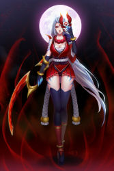 Rule 34 | 1girl, alternate costume, blood moon diana, breasts, cleavage, diana (league of legends), facial mark, forehead mark, highres, japanese clothes, jewelry, kezi, large breasts, league of legends, long hair, makeup, mask, unworn mask, necklace, oni mask, red eyes, solo, thighhighs, very long hair, weapon, white hair