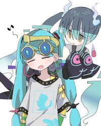 Rule 34 | 2girls, arms at sides, black sleeves, black thighhighs, blue-tinted eyewear, blue hair, blush, closed eyes, creatures (company), detached arm, detached sleeves, earrings, eyewear on head, facing viewer, floating, game freak, ghost miku (project voltage), glitch, gradient hair, green eyes, grey shirt, hair between eyes, hatsune miku, highres, hoop earrings, jewelry, long hair, looking at another, multicolored hair, multiple girls, musical note, nintendo, normal miku (project voltage), open mouth, pale skin, pokemon, print shirt, print sleeves, project voltage, sameno (dona2oisii), shirt, simple background, sleeves past fingers, sleeves past wrists, smile, sunglasses, thighhighs, tinted eyewear, twintails, upper body, very long hair, vocaloid, white background, white hair, white shirt, will-o&#039;-the-wisp (mythology), yellow-framed eyewear