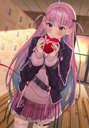 Rule 34 | absurdres, blue hair, box, box of chocolates, closed mouth, colored inner hair, evening, getabako, heart-shaped box, highres, hololive, indoors, long hair, looking at viewer, minato aqua, multicolored hair, pink eyes, pink hair, school, school uniform, short twintails, skirt, smile, standing, sweater, thigh strap, thighhighs, twintails, valentine, virtual youtuber, white thighhighs, yuya (yuya illust)