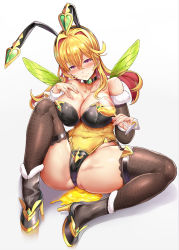 Rule 34 | 1girl, animal ears, ass, bare shoulders, blonde hair, blush, boots, breasts, cleavage, closed mouth, commentary, covered navel, cup, detached sleeves, fake animal ears, fur trim, garter straps, glass, hair between eyes, high heel boots, high heels, highleg, highleg leotard, highres, himuro shunsuke, holding, honey, large breasts, leotard, long hair, looking at viewer, multicolored hair, original, pink eyes, playboy bunny, red hair, shadow, simple background, smile, solo, spread legs, thick thighs, thighhighs, thighs, two-tone hair, white background, wings, wrist cuffs, yellow leotard