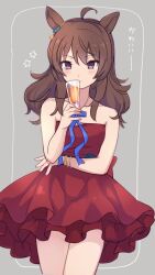 Rule 34 | 1girl, ahoge, animal ears, bare shoulders, bracelet, breasts, brown hair, champagne flute, closed mouth, commentary request, cowboy shot, cup, dress, drinking glass, ear ornament, highres, holding, holding cup, horse ears, jewelry, kanako (hmybrw), long hair, looking at viewer, nakayama festa (umamusume), necklace, official alternate costume, purple eyes, red dress, sleeveless, sleeveless dress, small breasts, smile, solo, strapless, strapless dress, umamusume