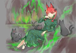 Rule 34 | 1girl, ;3, animal, animal ears, blunt tresses, blush, bow, braid, breasts, cat, cat ears, commentary request, dress, extra ears, feet out of frame, forked tail, green dress, hair bow, hair ornament, hair ribbon, hitodama, kaenbyou rin, kugata1, leg ribbon, long sleeves, looking at viewer, medium breasts, multiple tails, nekomata, one eye closed, pointy ears, puffy sleeves, red eyes, red hair, ribbon, short hair, sitting, slit pupils, smile, solo, tail, touhou, tress ribbon, twin braids