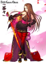Rule 34 | 1girl, aged up, anklet, armpits, azusa (hws), bare shoulders, bell, black dress, black gloves, black pantyhose, breasts, brown hair, cape, chacha (fate), character name, cherry blossoms, chrysanthemum, commentary request, contrapposto, copyright name, covered navel, crossed legs, dress, elbow gloves, fate/grand order, fate (series), flaming sword, flaming weapon, flower, full body, gloves, gradient legwear, hairband, halterneck, hand on own hip, holding, holding sword, holding weapon, jewelry, jingle bell, katana, kikumon, long hair, looking to the side, medium breasts, multicolored clothes, multicolored legwear, pantyhose, pencil skirt, pom pom (clothes), purple cape, purple ribbon, red cape, red eyes, red pantyhose, ribbon, signature, simple background, skirt, smile, solo, standing, sword, thigh strap, tiptoes, translation request, waist cape, weapon, white background, yellow hairband