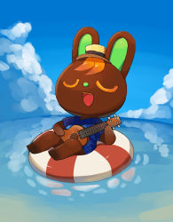 Rule 34 | 1boy, absurdres, acoustic guitar, afloat, animal crossing, animal nose, barefoot, blue shirt, blue sky, body fur, brown fur, buttons, closed eyes, cloud, collared shirt, day, fisheye, full body, furry, furry male, guitar, hand up, happy, hat, highres, holding, holding instrument, horizon, instrument, lifebuoy, male focus, minamo (pixiv17726065), mini hat, music, nintendo, o&#039;hare (animal crossing), ocean, open mouth, orange hair, outdoors, pineapple print, playing instrument, rabbit boy, rabbit ears, shirt, short hair, short sleeves, singing, sky, smile, solo, straw hat, swim ring, teeth, u u, water, yellow hat