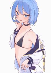 Rule 34 | 1girl, absurdres, airenif, bikini, black bikini, blue eyes, blue hair, blush, flat chest, highres, hololive, hoshimachi suisei, jacket, looking at viewer, navel, off shoulder, open mouth, short hair, simple background, solo, swimsuit, virtual youtuber, white background