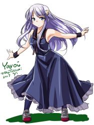Rule 34 | 10s, 1girl, alternate costume, alternate hair length, alternate hairstyle, black serafuku, character name, crescent, crescent hair ornament, dated, dress, full body, hair ornament, kantai collection, midriff, outstretched arms, purple hair, sailor dress, school uniform, serafuku, short hair with long locks, sidelocks, simple background, skirt, sleeveless, solo, standing, tatsumi ray, twitter username, white background, yayoi (kancolle)