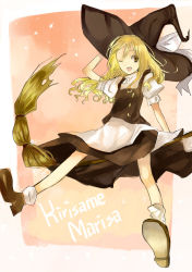 Rule 34 | 1girl, ;d, bad id, bad pixiv id, blonde hair, broom, broom riding, female focus, hand on headwear, hat, kirisame marisa, kol49, one eye closed, open mouth, smile, solo, touhou, wink, witch, witch hat, yellow eyes