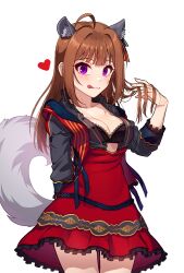 Rule 34 | 1girl, :q, ahoge, alternate hairstyle, animal ear fluff, animal ears, arm behind back, arm up, black bra, blush, bra, breasts, brown hair, cleavage, closed mouth, collarbone, commentary, dress, extra ears, hair down, hand in own hair, hand up, heart, highres, holding, holding own hair, idolmaster, idolmaster million live!, idolmaster million live! theater days, kamille (vcx68), kemonomimi mode, lace, lace-trimmed bra, lace trim, licking, licking lips, lingerie, long hair, looking at viewer, medium breasts, purple eyes, red dress, revision, shiny skin, simple background, solo, standing, tail, tongue, tongue out, underwear, upper body, white background, wolf ears, wolf girl, wolf tail, yokoyama nao