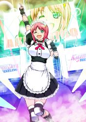Rule 34 | 1girl, arm up, black choker, blue eyes, boots, choker, elbow pads, facing viewer, feet out of frame, fingerless gloves, gloves, hibino aki, highres, index finger raised, indoors, knee pads, looking at viewer, maid, maid headdress, one eye closed, open mouth, original, pink hair, skindentation, smile, solo, thighs, wink, yonecchi