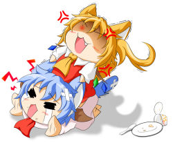 Rule 34 | &gt;:3, 2girls, :3, = =, anger vein, animal ears, bad id, bad pixiv id, bandaid, blonde hair, blue hair, cat ears, cat girl, cat tail, chibi, closed eyes, crossed bandaids, cup, dress, empty, fang, female focus, flandre scarlet, glowing, glowing eye, grabbing another&#039;s ear, hand on another&#039;s ear, kemonomimi mode, kokujuuji, multiple girls, necktie, no headwear, open mouth, pink dress, plate, red dress, red eyes, remilia scarlet, siblings, side ponytail, sisters, sitting, sitting on person, spoon, stiff tail, tail, tears, touhou, trembling, v-shaped eyebrows