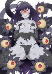 Rule 34 | 1girl, :d, ahoge, bad id, bad pixiv id, black hair, blush, breasts, colored sclera, commission, cyclops, doushimasho, extra eyes, feet out of frame, gazer (monster girl encyclopedia), long hair, looking at viewer, medium breasts, monster girl, monster girl encyclopedia, nude, one-eyed, open mouth, own hands together, red eyes, sharp teeth, slime (substance), slit pupils, smile, solo, spread legs, tail, teeth, tentacles, white background, yellow sclera