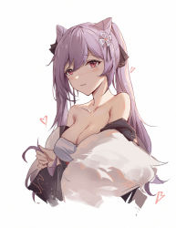 Rule 34 | 1girl, bad id, bad pixiv id, blush, breasts, cleavage, collarbone, genshin impact, hair ornament, hair ribbon, heart, highres, holding, holding own hair, keqing (genshin impact), long hair, off shoulder, purple hair, red eyes, ribbon, simple background, solo, twintails, white background, yajuu