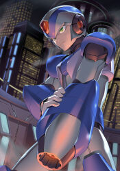 Rule 34 | 1boy, android, arm cannon, armor, blue armor, building, city, cityscape, closed mouth, commentary, fujino yuuki, green eyes, helmet, highres, looking away, male focus, mega man (series), mega man x (series), night, outdoors, serious, skyscraper, solo, standing, weapon, x (mega man)