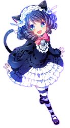 Rule 34 | 10s, 1girl, :3, animal ears, bell, blue eyes, blue hair, blush, bow, cat ears, cat tail, curly hair, cyan (show by rock!!), dress, fang, frilled dress, frills, headband, highres, matching hair/eyes, moru, open mouth, ribbon, short hair, show by rock!!, simple background, smile, solo, striped clothes, striped thighhighs, tail, thighhighs, white background