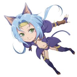 Rule 34 | 1girl, animal ears, blue hair, cat ears, cat tail, closed mouth, feet, fingerless gloves, full body, gloves, green eyes, highres, kaien advance, long hair, looking at viewer, low twintails, meracle chamlotte, navel, simple background, smile, solo, star ocean, star ocean the last hope, tail, thighhighs, twintails, underwear, white background