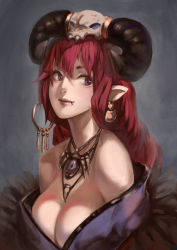 Rule 34 | 1girl, absurdres, bare shoulders, breasts, cleavage, demon girl, fang, highres, horns, iorlvm, jewelry, large breasts, lots of jewelry, original, pointy ears, purple eyes, red hair, smile, solo