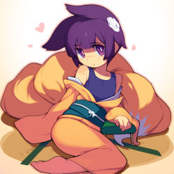Rule 34 | 1girl, animal ears, barefoot, blue one-piece swimsuit, blunt bangs, borrowed character, commentary request, copyright request, fox ears, fox tail, heart, japanese clothes, kimono, long sleeves, looking at viewer, metata, multiple tails, obi, one-piece swimsuit, orange kimono, purple eyes, purple hair, sash, short hair, solo, sweat, swimsuit, swimsuit under clothes, tail