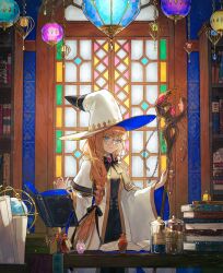 Rule 34 | 1girl, absurdres, bell, blonde hair, blue eyes, book, bookshelf, braid, celestial globe, chain, fate/grand order, fate (series), floating, floating book, floating object, glasses, hat, highres, holding, holding staff, kotobuki nashiko, long hair, open book, robe, side braid, staff, stained glass, aesc (fate), white robe, wide sleeves, witch hat