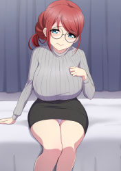 Rule 34 | 1girl, absurdres, aqua eyes, bed, black skirt, breasts, curtains, glasses, grey sweater, hand on own chest, highres, large breasts, mole, on bed, original, panties, red hair, sakamata (sakamata4), sitting, skirt, sweater, underwear