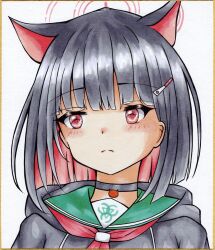Rule 34 | 1girl, animal ears, black choker, black hair, black hoodie, blue archive, blush, choker, closed mouth, commentary request, dakkusu, drawstring, green sailor collar, hair ornament, hairclip, halo, highres, hood, hood down, hoodie, kazusa (blue archive), looking to the side, multicolored hair, red eyes, red hair, sailor collar, simple background, solo, traditional media, two-tone hair, upper body, white background