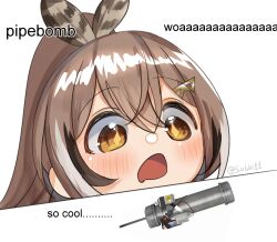 Rule 34 | + +, 1girl, absurdres, artist name, blush, bomb, brown eyes, brown hair, commentary, english text, explosive, feather hair ornament, feathers, hair ornament, hairclip, high ponytail, highres, hololive, hololive english, left 4 dead, long hair, looking down, multicolored hair, nanashi mumei, open mouth, pipe bomb, ponytail, portrait, runes, sobbi11, solo, streaked hair, symbol-shaped pupils, twitter username, virtual youtuber