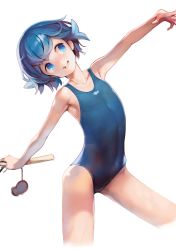 Rule 34 | 1girl, :d, armpits, ataruman, bare arms, bare shoulders, blue eyes, blue hair, blue one-piece swimsuit, breasts, collarbone, creatures (company), fishing rod, flat chest, game freak, highres, lana (pokemon), nintendo, one-piece swimsuit, open mouth, outstretched arms, petite, pokemon, pokemon sm, short hair, simple background, smile, solo, spread arms, swimsuit, trial captain, white background