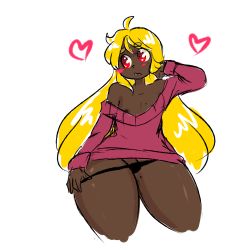 Rule 34 | 1boy, ahoge, androgynous, blonde hair, blush, dark skin, gender request, genderswap, highres, kirbila (yellow kirby), long hair, male focus, mole, nipples, red eyes, simple background, sweater, thick thighs, thighs, thong, trap, white background, wide hips, yellow kirby