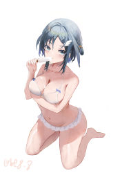 Rule 34 | 1girl, absurdres, ahoge, arknights, arm under breasts, ban tang, bare arms, bare legs, bare shoulders, barefoot, bikini, black hair, blue eyes, blush, breast hold, breasts, collarbone, eating, feather hair ornament, feathers, food, food on body, food on breasts, frilled bikini, frills, full body, hair ornament, hair rings, hairclip, highres, holding, holding food, kneeling, la pluma (arknights), la pluma (summer flowers) (arknights), large breasts, looking at viewer, navel, official alternate costume, popsicle, short hair, signature, solo, stomach, swimsuit, white bikini