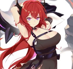 Rule 34 | 1girl, arknights, armlet, armpits, arms behind head, arms up, ass, bad id, bad pixiv id, black dress, blush, breasts, cleavage, closed mouth, detached collar, dress, hair intakes, highres, horns, infection monitor (arknights), large breasts, long hair, looking at viewer, meow nyang, purple eyes, simple background, sleeveless, sleeveless dress, slit pupils, solo, surtr (arknights), underbust, upper body, very long hair, white background, zipper pull tab