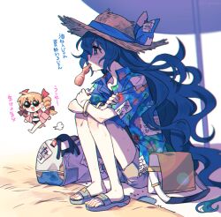 Rule 34 | 2girls, bag, bangle, barefoot, blue eyes, blue hair, bracelet, brown headwear, commentary request, debt, drill hair, hat, jewelry, long hair, multiple girls, open mouth, orange hair, re ghotion, sandals, short sleeves, siblings, sisters, sitting, smile, straw hat, sunglasses, touhou, translation request, twin drills, twintails, yorigami jo&#039;on, yorigami shion