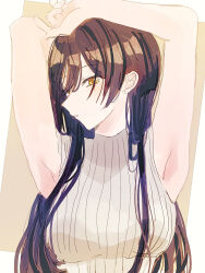 Rule 34 | 1girl, armpits, arms up, black hair, breasts, earrings, highres, idolmaster, idolmaster shiny colors, jewelry, large breasts, long hair, looking at viewer, paddy field, ribbed sweater, shirase sakuya, sideways glance, sleeveless, sleeveless sweater, solo, stud earrings, sweater, upper body, very long hair, white sweater, yellow eyes