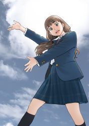 Rule 34 | 1girl, black socks, blue skirt, brown hair, cloud, cloudy sky, from below, highres, kimi wa sukinosaurus, kneehighs, looking at viewer, looking down, low twintails, official art, open mouth, outdoors, outstretched arms, school uniform, sekiguchi taro, shiraishi momiji, skirt, sky, socks, solo, twintails