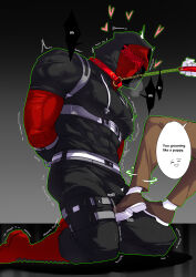 1boy 1other arms_behind_back bara black_hoodie bulge chain chain_leash deadseven77 domination dominatrix heart highres hood hoodie kneeling leash monsterxmediator nauseaxe_404 pet_play red_blindfold shaking shoes submission