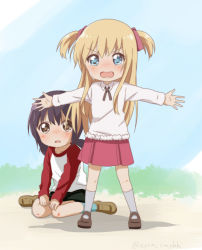 Rule 34 | 2girls, blonde hair, blue eyes, casual, crying, funami yui, hair ornament, kneehighs, long sleeves, multiple girls, open mouth, outstretched arms, protecting, purple hair, raglan sleeves, ren kon, role reversal, skirt, socks, spread arms, standing, tears, toshinou kyouko, twitter username, two side up, wavy mouth, aged down, yuru yuri