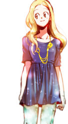 Rule 34 | 1girl, aged up, blonde hair, brown eyes, cowboy shot, denim, dragon ball, dragon ball gt, dress, hair down, jeans, jewelry, long hair, long sleeves, looking away, looking to the side, marron (dragon ball), necklace, ochanoko (get9-sac), pants, simple background, smile, solo, solo focus, white background, yellow eyes