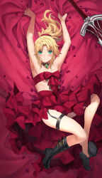Rule 34 | 1girl, armpits, arms up, bandeau, bare shoulders, blonde hair, boots, braid, breasts, fate/apocrypha, fate (series), french braid, green eyes, highres, knee boots, long hair, looking at viewer, mordred (fate), mordred (fate/apocrypha), parted bangs, ponytail, red skirt, sidelocks, skirt, small breasts, solo, thigh strap, tonee