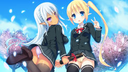 Rule 34 | &gt;:), 2girls, :o, ass, assisted exposure, black footwear, black legwear, black skirt, blazer, blonde hair, blue eyes, blurry, blush, braid, breasts, buttons, cameltoe, cherry blossoms, cleft of venus, closed mouth, clothes lift, cloud, collared shirt, colored eyelashes, dark-skinned female, dark skin, day, depth of field, diploma, floating hair, french braid, from side, glowing, graduation, hair between eyes, head tilt, high heels, holding hands, jacket, leg lift, lifting another&#039;s clothes, light smile, long hair, long pointy ears, looking at viewer, looking back, miniskirt, multiple girls, neck ribbon, ochinsama, open mouth, original, outdoors, panties, pantyshot, petals, pointy ears, purple eyes, raised eyebrows, red ribbon, ribbon, school uniform, shirt, shoes, side ponytail, sidelocks, sitting, skirt, skirt lift, sky, small breasts, smile, standing, thighhighs, tree, tube, underwear, v, v-shaped eyebrows, very long hair, white hair, white panties, yellow panties