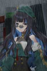 Rule 34 | 1girl, absurdres, aeax2238, bare shoulders, beret, black hair, black shorts, blue hair, breasts, buttons, colored inner hair, double-breasted, eyeliner, fate/grand order, fate (series), green hat, green jacket, grey eyes, grey sky, hat, highres, jacket, jewelry, long hair, looking at viewer, makeup, multicolored hair, neck ring, o-ring, off shoulder, rain, round eyewear, shorts, sidelocks, sky, small breasts, solo, sunglasses, tenochtitlan (fate), tenochtitlan (second ascension) (fate), wavy hair, wet, zipper