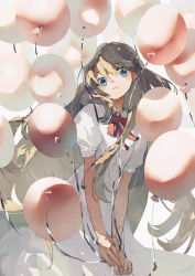 Rule 34 | 1girl, balloon, blue eyes, brown hair, closed mouth, commentary request, dress, highres, holding, holding balloon, long hair, looking at viewer, neck ribbon, original, potg (piotegu), red ribbon, ribbon, short sleeves, solo, white dress