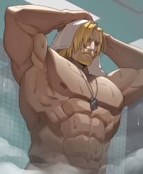 Rule 34 | 1boy, abs, after bathing, armpits, bara, bathroom, beard, blonde hair, blue eyes, dog tags, drying, drying hair, facial hair, guile, highres, large pectorals, long hair, male focus, mature male, muscular, muscular male, nipples, nude, pectorals, sa1k0p, solo, steam, street fighter, street fighter 6, towel, towel on head, upper body, wet, white towel