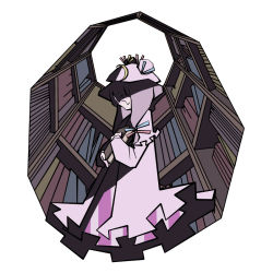 Rule 34 | 1girl, blue ribbon, blunt bangs, book, bookshelf, capelet, closed eyes, crescent, crescent pin, dress, female focus, frilled capelet, frills, from side, hat, hat ribbon, head down, holding, holding book, long hair, mob cap, patchouli knowledge, pink dress, pink hat, purple hair, red ribbon, ribbon, ritsu (roboroboro), simple background, solo, standing, touhou, white background