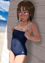 Rule 34 | 1girl, arena (company), artist logo, beach, blue one-piece swimsuit, blue sky, blush, breasts, brown eyes, brown hair, cloud, competition school swimsuit, cowboy shot, day, dutch angle, female focus, flat chest, highres, horizon, jitome, logo, mu-pyon, nipples, ocean, one-piece swimsuit, one-piece tan, open mouth, original, outdoors, pulling own clothes, school swimsuit, short hair, sky, small breasts, small nipples, solo, standing, swimsuit, tan, tanline, thighs, twitter username, watermark