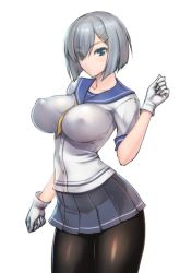 Rule 34 | 10s, 1girl, black pantyhose, blue eyes, breasts, covered erect nipples, gloves, hair ornament, hair over one eye, hairclip, hamakaze (kancolle), impossible clothes, impossible shirt, kantai collection, large breasts, looking at viewer, pantyhose, pleated skirt, rindou (radical dream), school uniform, serafuku, shirt, short hair, silver hair, skirt, solo, white gloves